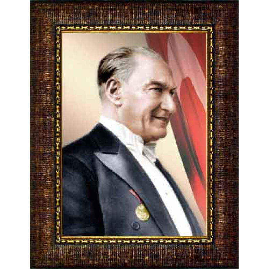 Atatürk Tablosu Çerçeveli - Papyonlu Yandan Profil Bayraklı Tasarım ATACRAP06D
