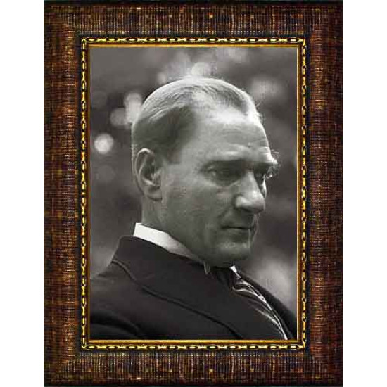 Ata Resim Doğal Atatürk Resmi Siyah-Beyaz Yandan Atatürk Profil Portresi Çerçeveli Atacrap12d