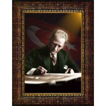 Ata Resim Masa Başında Yazı Yazan Atatürk Resmi Renkli Bayraklı Atatürk Portresi Çerçeveli Dikey Atacrap17d