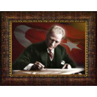 Ata Resim Masa Başında Yazı Yazan Atatürk Resmi Renkli Bayraklı Atatürk Portresi Çerçeveli Yatay Atacrap18y