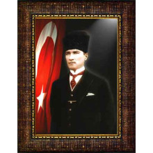 Ata Resim Sivil Kalpaklı Atatürk Resmi Renkli Bayraklı Atatürk Portresi Çerçeveli Dikey Atacrap33d