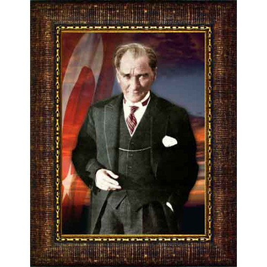Ata Resim Bayraklı Atatürk Resmi Renkli Atatürk Portresi Çerçeveli Dikey Atacrap37d