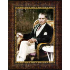 Ata Resim Sandalyede Otururken Kahve İçen Atatürk Resmi Renkli Atatürk Portresi Çerçeveli Atacrap54d