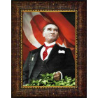 Ata Resim Göğe Bakan Kravatlı Atatürk Resmi Renkli Bayraklı Atatürk Portresi Çerçeveli Atacrap55d