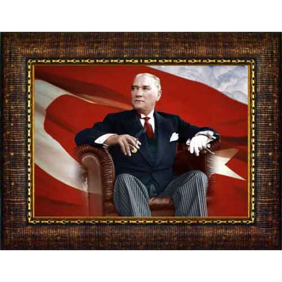 Ata Resim Yana Bakan Atatürk Resmi Renkli Bayraklı Atatürk Portresi Çerçeveli Atacrap63y
