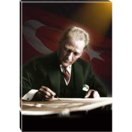 Ata Tablo Masa Başında Yazı Yazan Atatürk Tablosu Renkli Bayraklı Atatürk Portresi Kanvas Atatrap17d