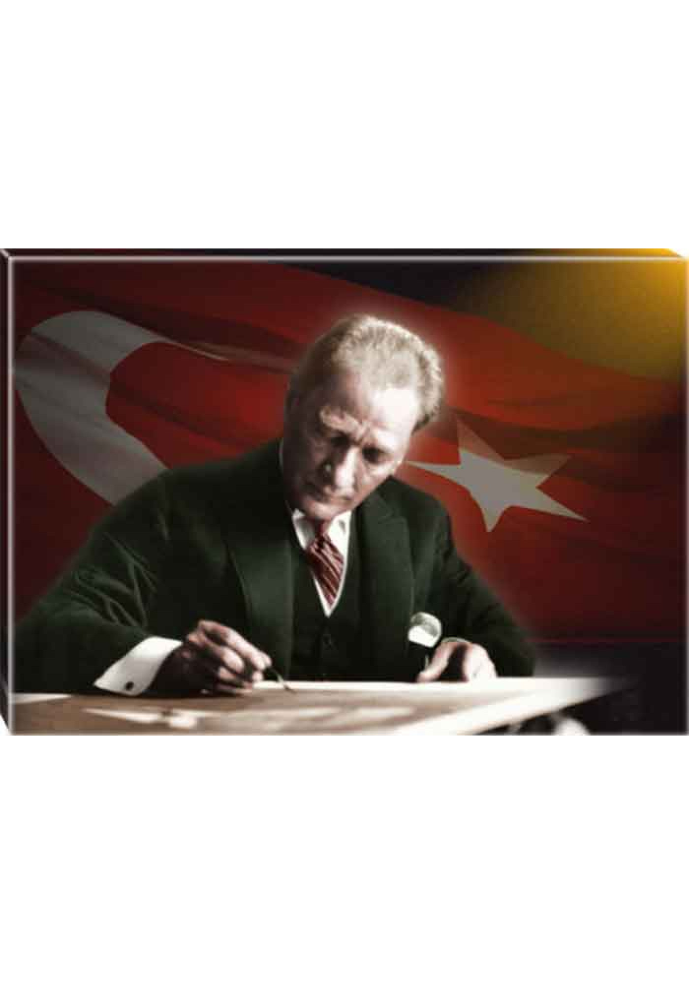 Atatürk Tablosu Kanvas - Masa Başında Yazı Yazan Bayraklı Yatay ATATRAP18Y