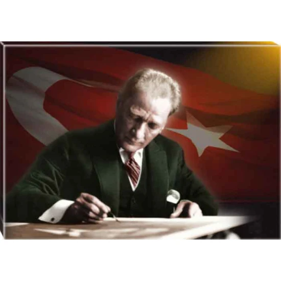 Atatürk Tablosu Kanvas - Masa Başında Yazı Yazan Bayraklı Yatay ATATRAP20Y