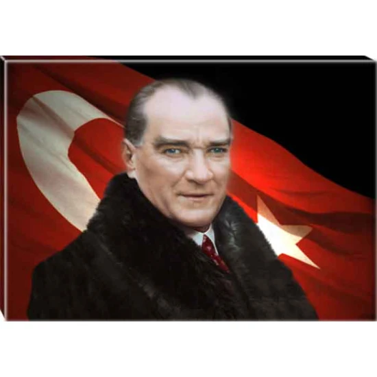 Atatürk Tablosu Kanvas - Kürklü Bayraklı Yatay ATATRAP22Y
