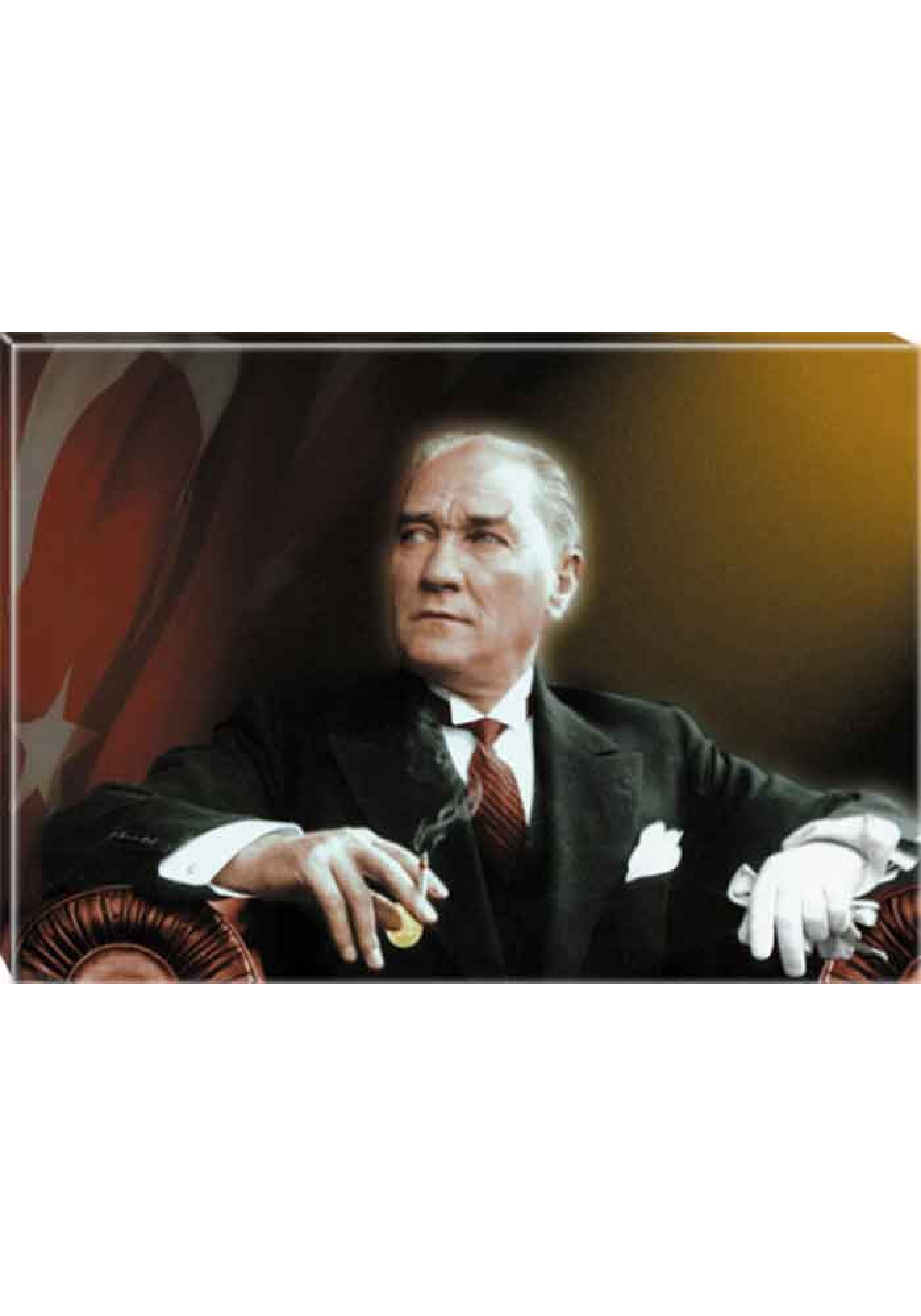 Atatürk Tablosu Kanvas - Yana Bakan Bayraklı Yatay ATATRAP24Y