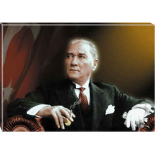 Ata Tablo Yana Bakan Atatürk Tablosu Kanvas Renkli Bayraklı Atatürk Portresi Yatay Atatrap24y