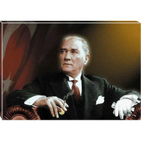 Atatürk Tablosu Kanvas - Yana Bakan Bayraklı Yatay ATATRAP24Y