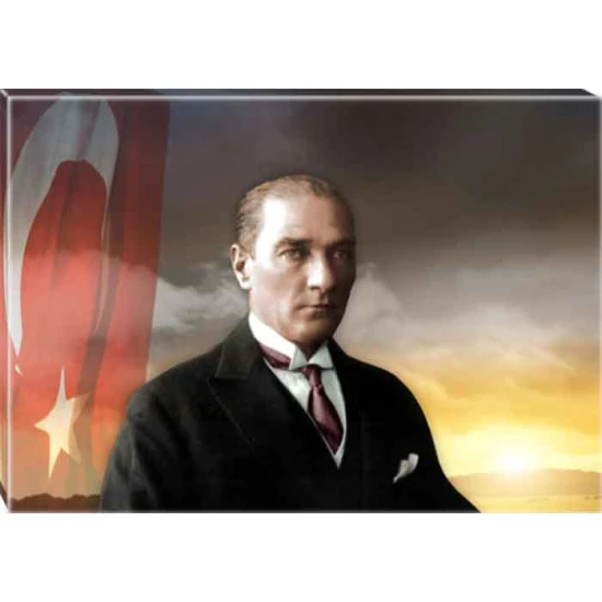 Atatürk Tablosu Kanvas - Jön Bayraklı Yatay ATATRAP28Y