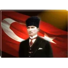 Atatürk Tablosu Kalpaklı Kanvas - Bayraklı Yatay ATATRAP34Y