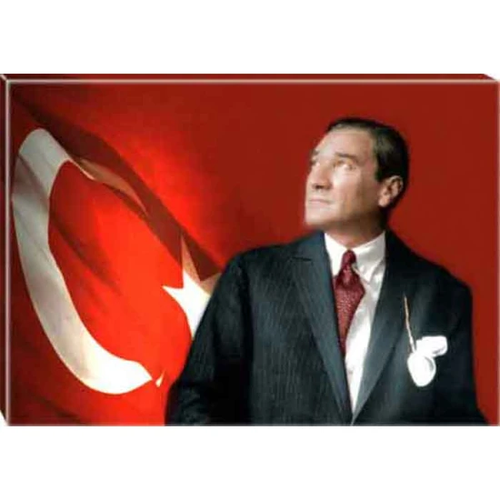Atatürk Tablosu Kanvas - Göğe Bakan Kravatlı Bayraklı Yatay ATATRAP36Y