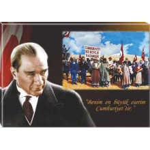 Ata Tablo Cumhuriyeti Biz Böyle Kazandık ve Atatürk Tablosu Kanvas Renkli Bayraklı Atatürk Portresi Atatrap44y