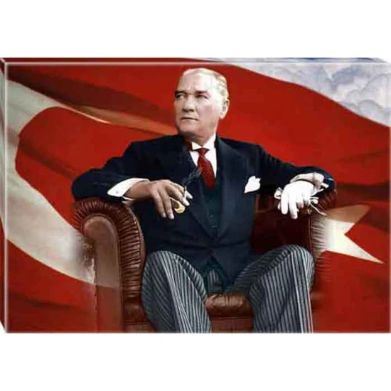 Atatürk Tablosu Kanvas - Yana Bakan Koltukta Oturan Yatay ATATRAP63Y