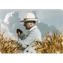 Atatürk Tablosu Kanvas - Buğday Başakları Arasında Tarlada Çiftçi Yandan Profil Yatay ATATRAP66Y
