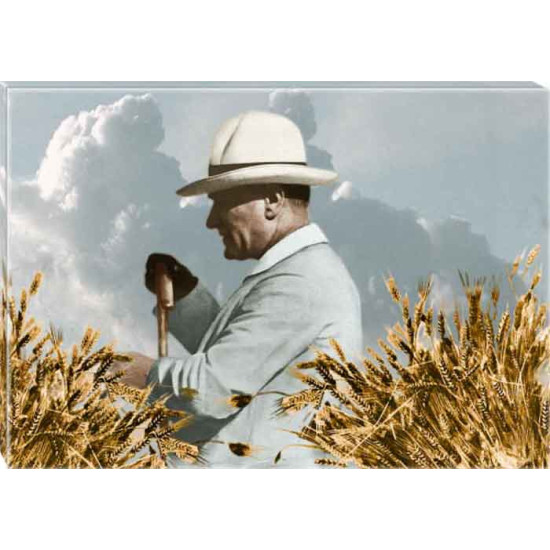 Ata Tablo Tarlada Buğday Başakları Arasında Çiftçi Atatürk Tablosu Renkli Yandan Atatürk Profil Portresi Kanvas Atatrap66y