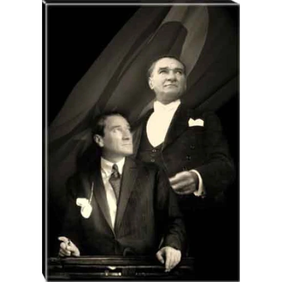 Atatürk Tablosu Kanvas - 2 Figürlü Ayakta ve Oturan Siyah/Beyaz ATATRAP69D