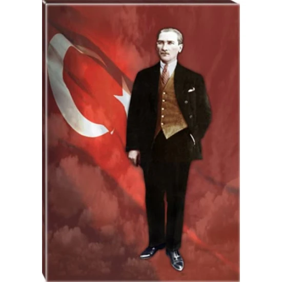 Atatürk Tablosu Kanvas - Ayakta Boydan Bayraklı Tasarım ATATRAP81D