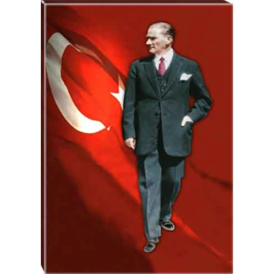 Atatürk Tablosu Kanvas - Ayakta Boydan Bayraklı Tasarım ATATRAP83D