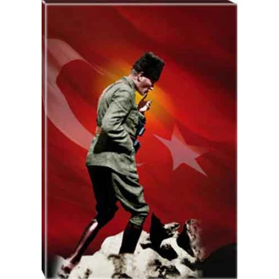 Atatürk Tablosu Kanvas - Kocatepe Sırtlarında Gezinirken Düşünen Bayraklı Tasarım Ayakta Boydan ATATRAP85D