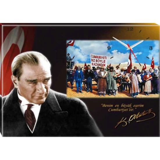 Atatürk Duvar Saati - Benim En Büyük Eserim Cumhuriyettir Yazılı Saatli Kanvas Tablo ATSDSTAP44YBE