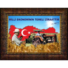 Atasöz Resim Atatürk'ün Milli Ekonominin Temeli Ziraattir Sözü Yazılı Bayraklı Atatürk Resmi Çerçeveli Atscrzm66y