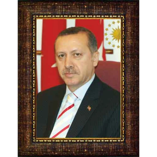 Recep Tayyip Erdoğan Tablosu Çerçeveli - Üç Bayraklı Dikey Model AKPCR02TED