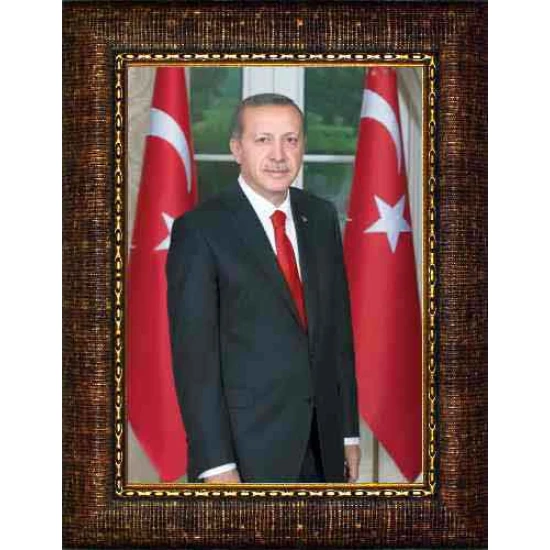 Recep Tayyip Erdoğan Tablosu Çerçeveli - Çift Bayraklı Dikey Model AKPCR06TED