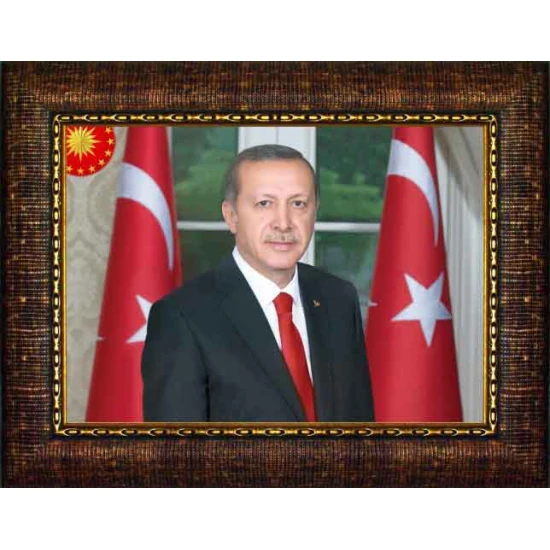 Recep Tayyip Erdoğan Tablosu Çerçeveli - Çift Bayraklı Yatay Model AKPCR06TEY