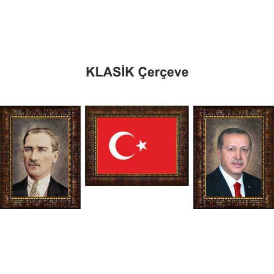 Recep Tayyip Erdoğan Tablosu Çerçeveli - Atatürk ve Türk Bayrağı Üçlü Set AKPCR37R3DY