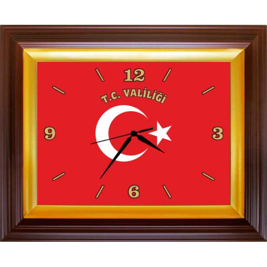 Kurumsal Dikdörtgen Duvar Saati T.C. VALİLİĞİ Yazılı Türk Bayrağı Resimli Saat 46x37cm Rskdsd01vly