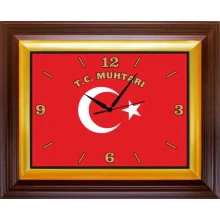 Muhtarlık Duvar Saati Dikdörtgen 46x37 cm - Türk Bayraklı T.C. Muhtarı Yazılı RSKDSD04MHY