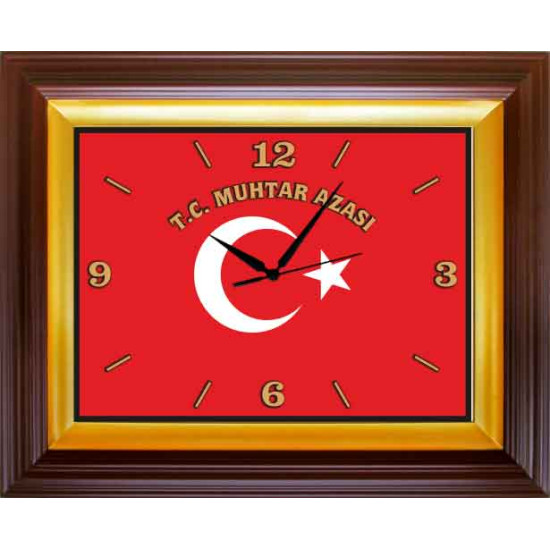 Kurumsal Dikdörtgen Duvar Saati T.C. MUHTAR AZASI Yazılı Türk Bayrağı Resimli Aza Saati 46x37cm Rskdsd04mzy
