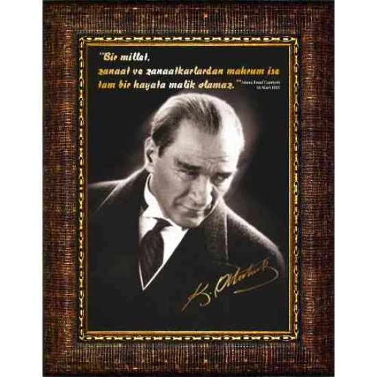 Atatürk Tablosu Çerçeveli - Sanatkar İle İlgili Sözü Yazılı ATSCR01DUS