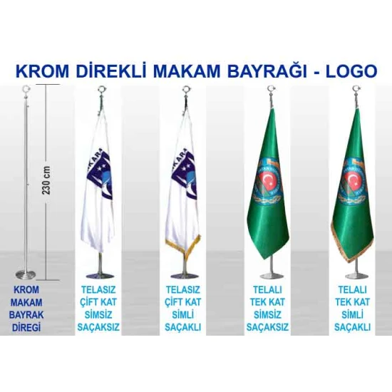 Makam Bayrağı - Krom ve Pirinç Direkli Büyük Logolu Bayrak 150x100 cm / Direk 230 cm RSKKDB02LG