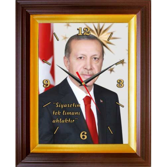 Erdoğan Duvar Saati Dikdörtgen 37x46 cm - Siyasetin Tek Limanı Ahlaktır Yazılı AKPDSD53TESD