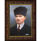 Atatürk Tablosu Kalpaklı Çerçeveli - Ressam Çizimi Mustafa Kemal Portresi ATACRAP09D2