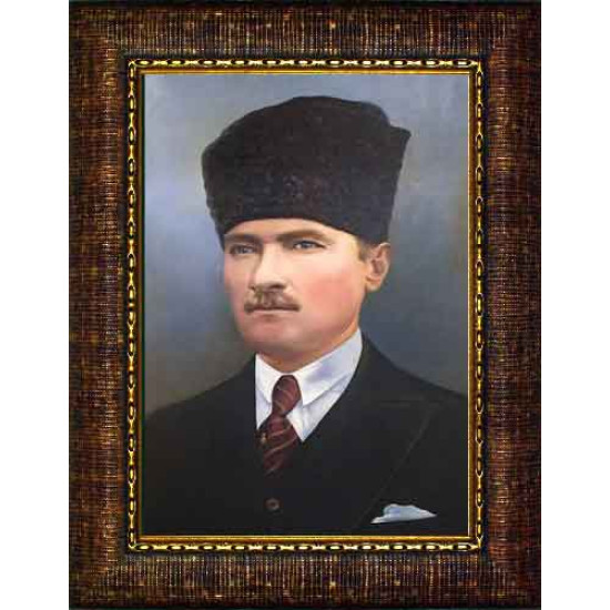 Atatürk Tablosu Kalpaklı Çerçeveli - Ressam Çizimi Mustafa Kemal Portresi ATACRAP09D2