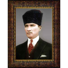 Atatürk Tablosu Kalpaklı Çerçeveli - Gri Fonda Mustafa Kemal Portresi ATACRAP09D1