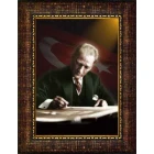 Atatürk Tablosu Çerçeveli - Masa Başında Yazı Yazan Mustafa Kemal Portresi Bayraklı ATACRAP20D