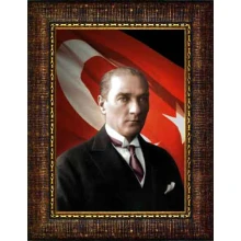 Atatürk Tablosu Çerçeveli - Jön Mustafa Kemal Portresi Bayraklı ATACRAP27D