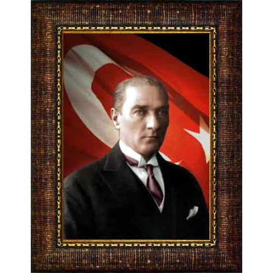 Atatürk Tablosu Çerçeveli - Jön Mustafa Kemal Portresi Bayraklı ATACRAP27D