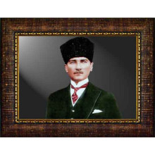 Atatürk Tablosu Kalpaklı Çerçeveli - Yeşil Ceketli Mustafa Kemal Portresi Yatay Tasarım ATACRAP32Y
