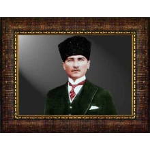 Atatürk Tablosu Kalpaklı Çerçeveli - Yeşil Ceketli Mustafa Kemal Portresi Yatay Tasarım ATACRAP32Y
