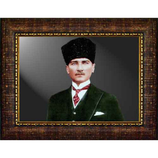 Atatürk Tablosu Kalpaklı Çerçeveli - Yeşil Ceketli Mustafa Kemal Portresi Yatay Tasarım ATACRAP32Y