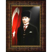 Atatürk Tablosu Kalpaklı Çerçeveli - Mustafa Kemal Portresi Bayraklı ATACRAP33D