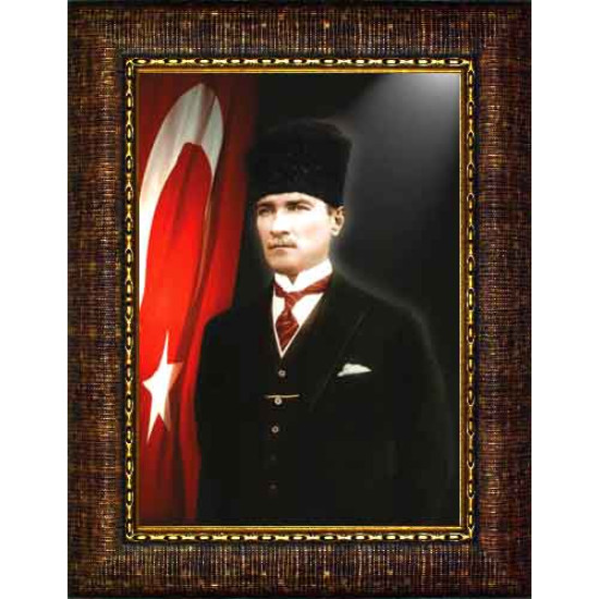 Atatürk Tablosu Kalpaklı Çerçeveli - Mustafa Kemal Portresi Bayraklı ATACRAP33D